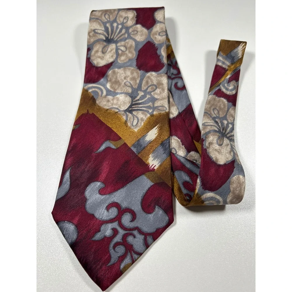 Pompeii Italy Mens Silk Tie Burgundy Gold Grey Abstract Floral Hand Made Italy